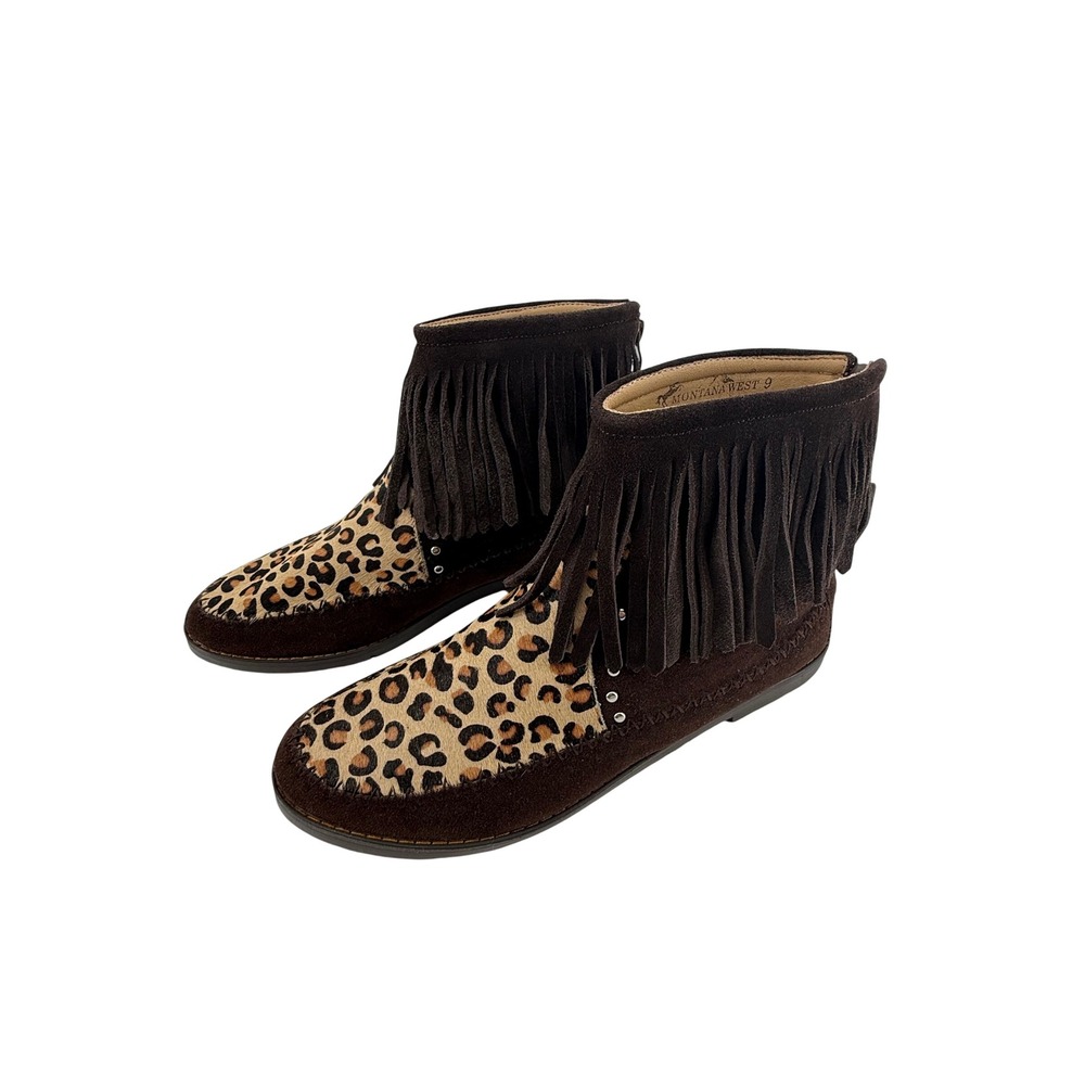 Montana West Womens Leopard Calf Hair Fringe Suede Moccasin Ankle Boots Brown 9